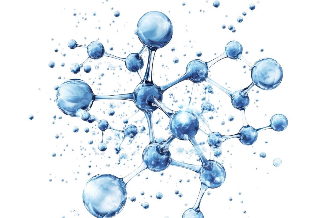 Illustration von vielen blauen Molekülen, die durch Linien verbunden sind, vor weißem Hintergrund