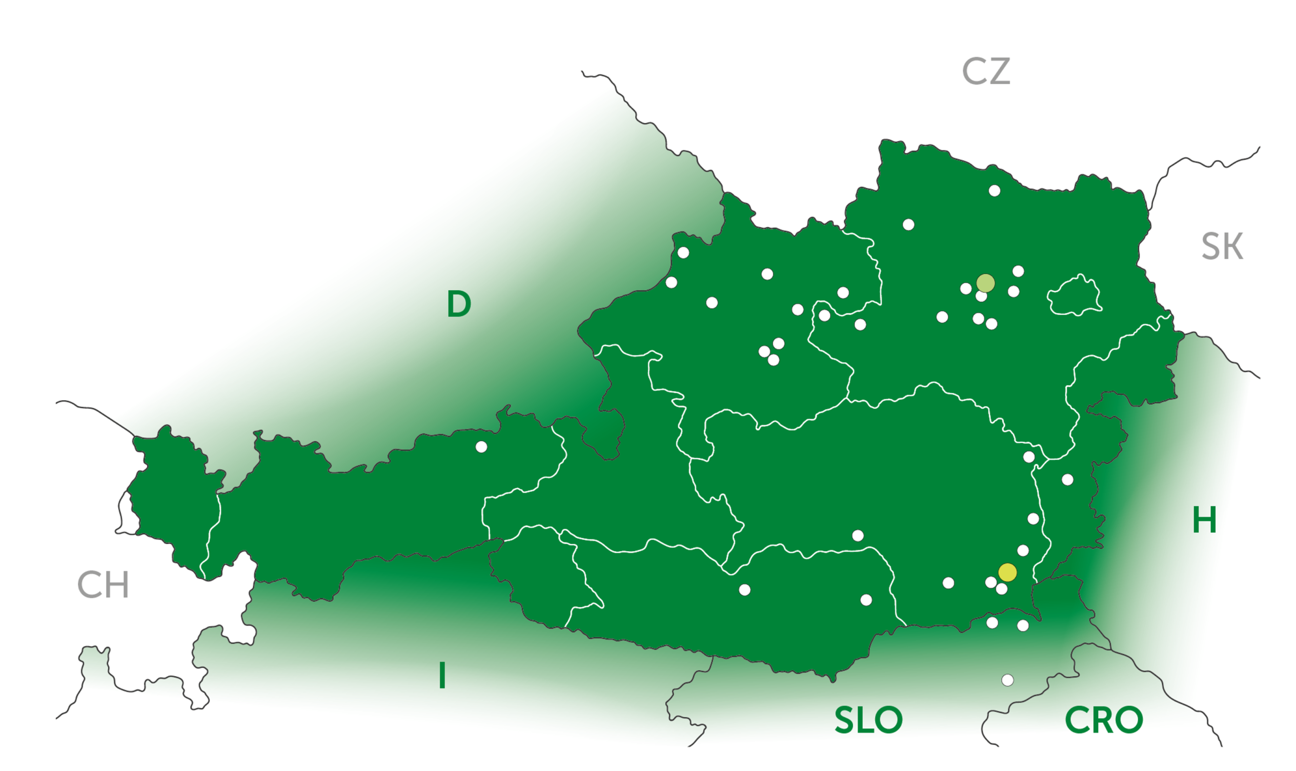 Österreichkarte mit angrenzenden Ländern und Einzeichnung der Verkaufsgebiete